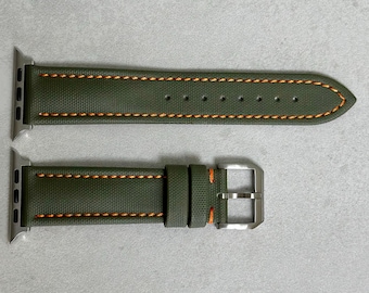 Khaki Green Sail Cloth Apple Watch Strap, Orange Stitching, Padded, Series 6, Series 7, Series 8, Series 9, Series 10, SE and Ultra.