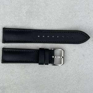 Jet Black Sail Cloth Watch Strap, Black Stitching, Padded, Leather Backed, Quick Release, 20mm, 22mm