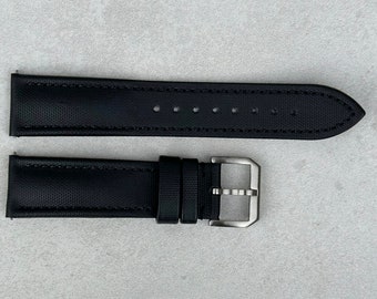 Jet Black Sail Cloth Watch Strap, Black Stitching, Padded, Leather Backed, Quick Release, 20mm, 22mm