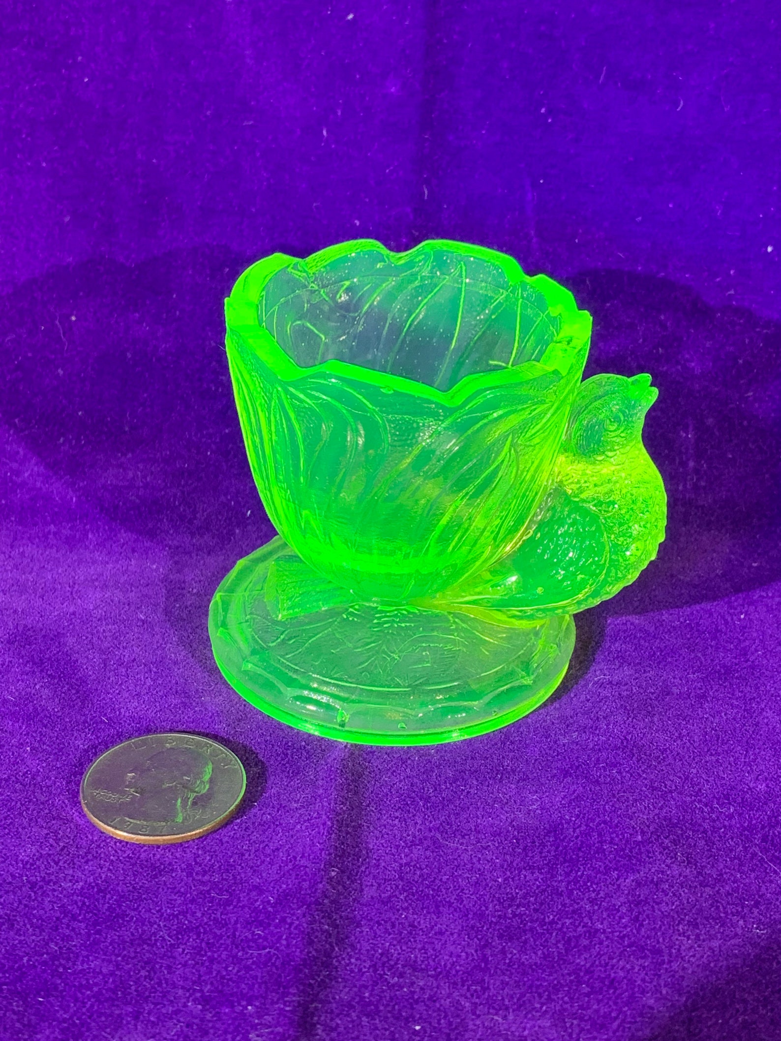 Vintage Antique Vaseline Glass Bird on a Leaf Egg Cup from Etsy