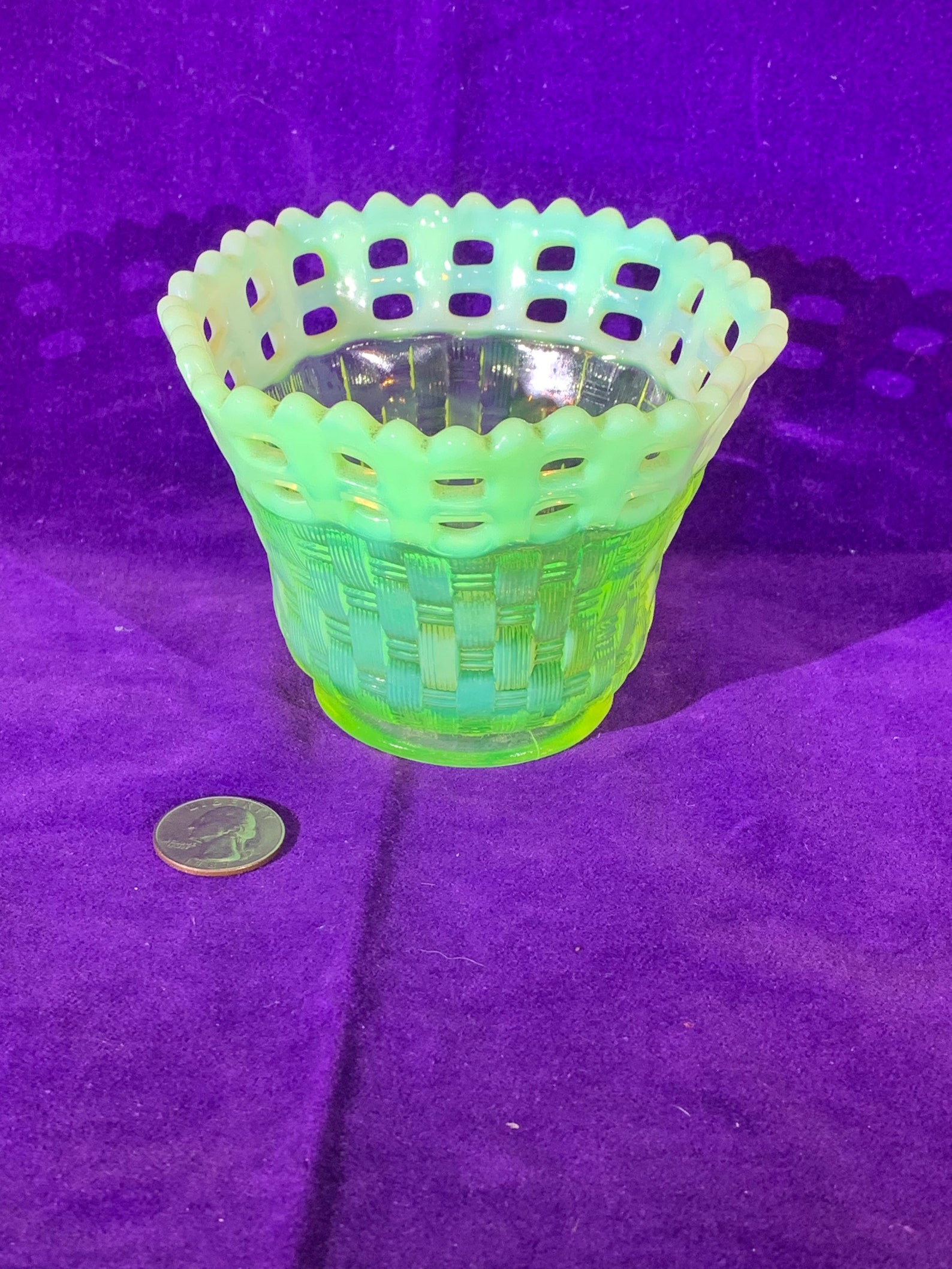 Vintage Antique Vaseline Glass Fenton Basket Weave 8Sided Etsy