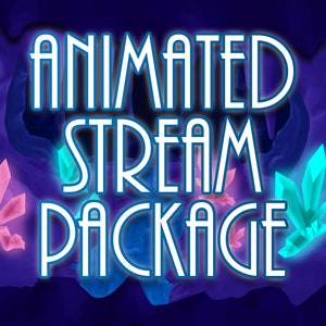 May include: Animated Stream Package text in white outlined letters against a purple, blue, and pink background with glowing crystals.