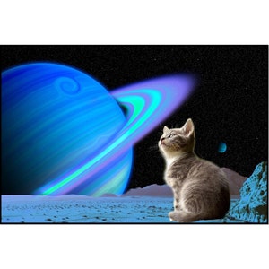Animais de estimação no espaço, retrato de animal de estimação personalizado, foto de gato personalizada, gato no espaço, gato espacial, cartão postal personalizado, gato divertido, retrato de gato, gato em Saturno