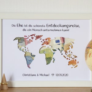 personalisiertes Geldgeschenk WELTKARTE Hochzeit Flitterwochen Reise Weltreise Trauung Vermählung -  Entdeckungsreise