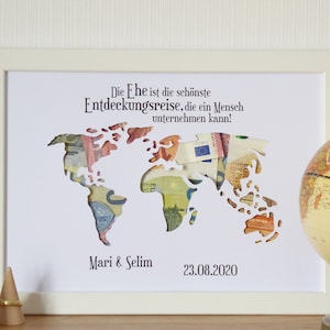 personalisiertes Geldgeschenk WELTKARTE Hochzeit Flitterwochen Reise Weltreise Trauung Vermählung - Entdeckungsreise