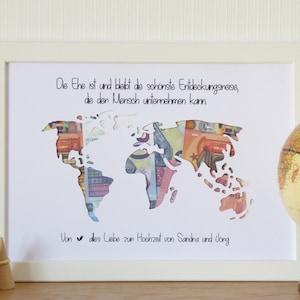 personalisiertes Geldgeschenk WELTKARTE Hochzeit Flitterwochen Reise Weltreise Trauung Vermählung