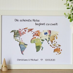personalisiertes Geldgeschenk WELTKARTE Hochzeit Flitterwochen Reise Weltreise Trauung Vermählung - schönste Reise beginnt zu zweit