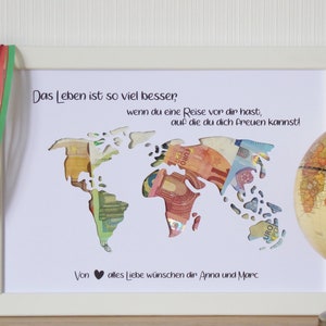 Personalized money gift for a birthday - WORLD MAP motif - Life is so much better when you have a trip ahead of you...