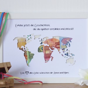 personalisiertes Geldgeschenk zum Geburtstag - Motiv WELTKARTE  Erlebe jetzt die Geschichten, die du später erzählen möchtest