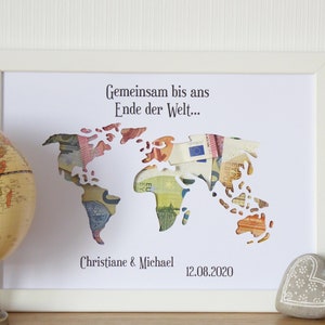 personalisiertes Geldgeschenk WELTKARTE Hochzeit Flitterwochen Reise Weltreise Trauung Vermählung - Gemeinsam bis ans Ende der Welt - Travel