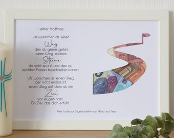 personalisiertes Geldgeschenk Lebensbaum Taufe Jugendweihe Konfirmation Firmung Kommunion Lebenswende Motiv *Weg deines Lebens*