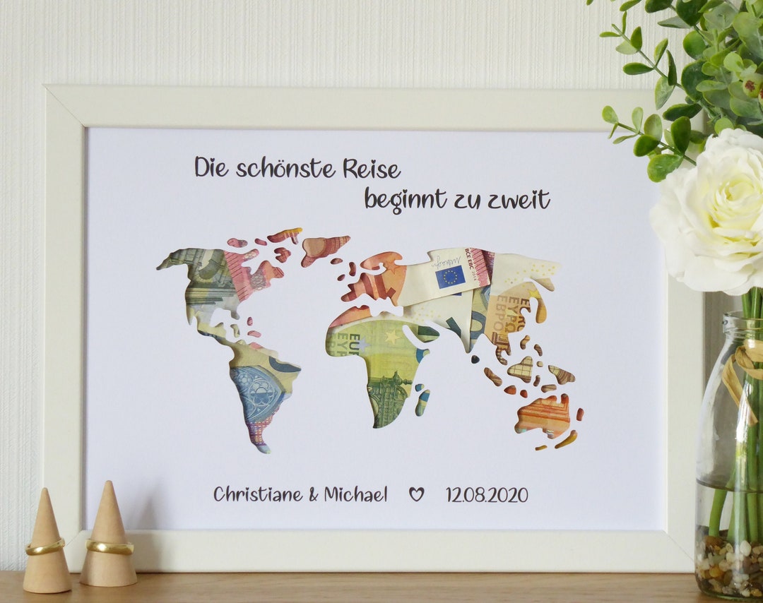 Personalisiertes Geldgeschenk WELTKARTE Hochzeit Flitterwochen Reise