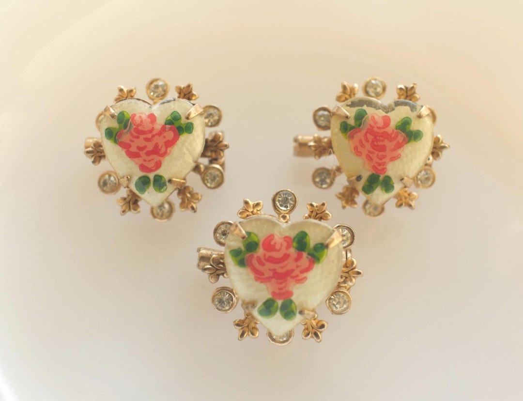 Antique Enameled Rose Pins: Hand-painted Rhinestone Set of 3_142 - Etsy