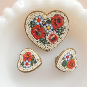 Vintage Italian Micro Mosaic Flower Floral Brooch and Earrings Set