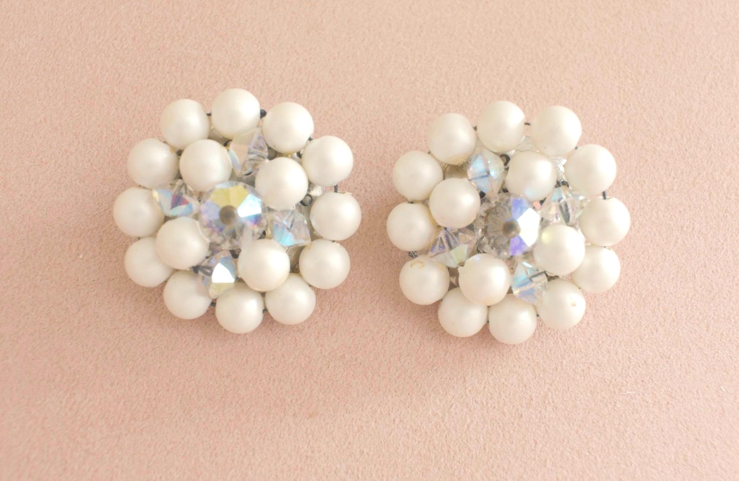 Vintage Pearl Cluster Clip-On Earrings - Aurora Borealis Crystal Accents - Mid Century Costume Jewelry_188