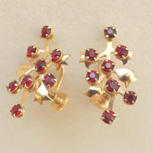 May include: A pair of gold-toned screw-back earrings. Each earring features a cluster of red gemstones and gold-toned star-shaped accents. The earrings have a floral design.