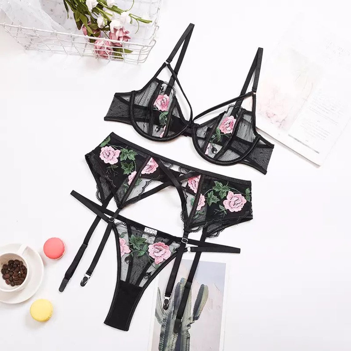 Women Sexy Floral Lace Embroidery Lingerie Set Sexy 3 Piece Etsy