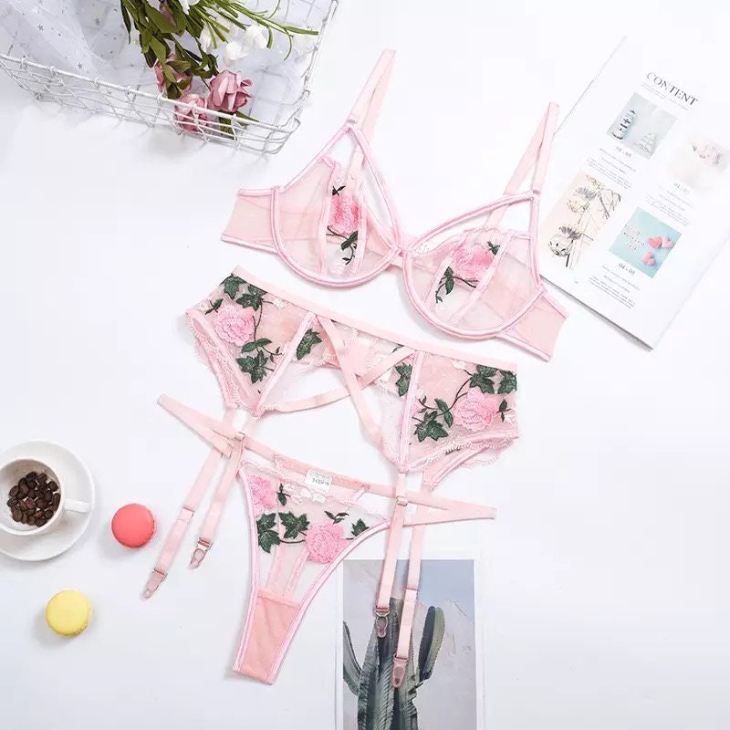 Women Sexy Floral Lace Embroidery Lingerie Set Sexy 3 Piece Etsy
