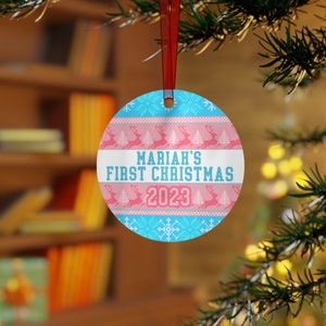 2023 Trans First Christmas Metal Ornament, Customizable Stocking Stuffer Holiday Ornament, Personalized Trans Flag Ugly Christmas Sweater