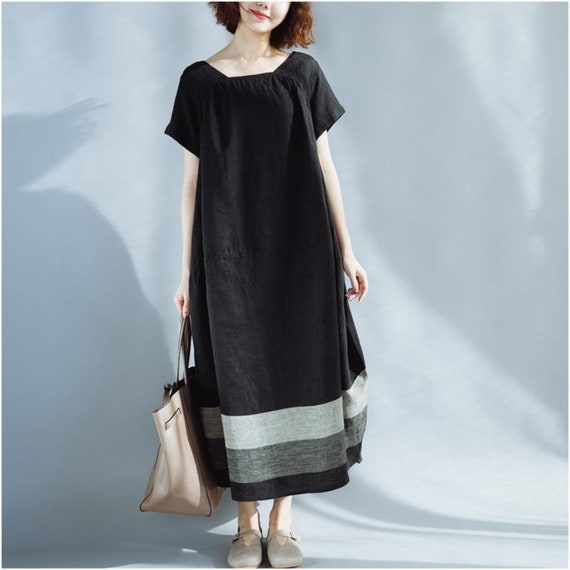 Black Stripe Short Sleeve Linen Blend Maxi Kaftan Dress | Etsy