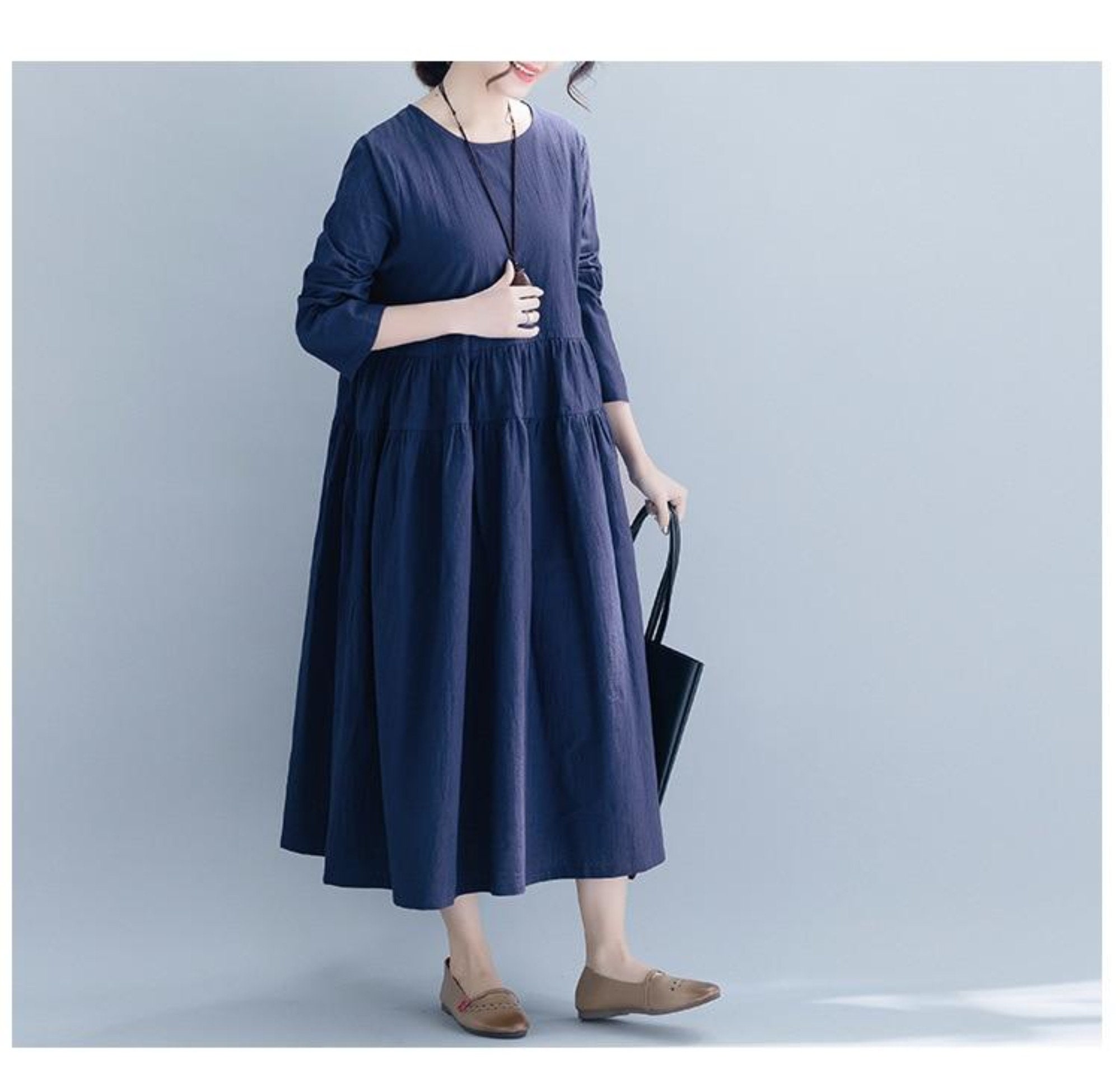 Long Sleeve Cotton Blend Midi Kaftan Robe Dress | Etsy
