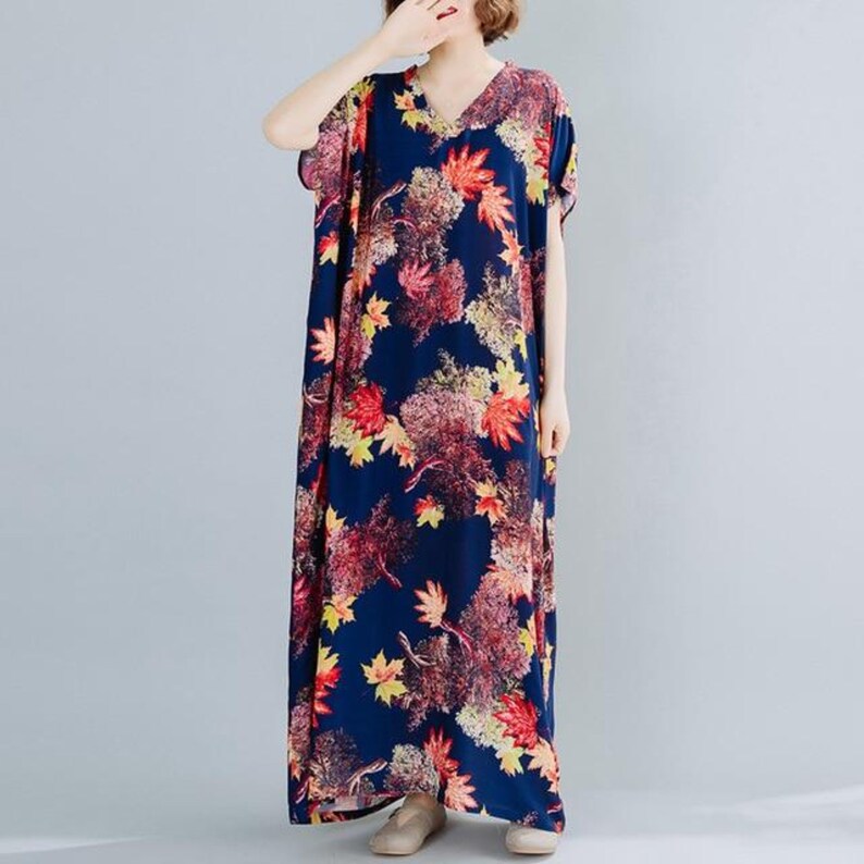 Navy Blue Leaf Print Short Sleeve Linen Blend Maxi Kaftan Dress