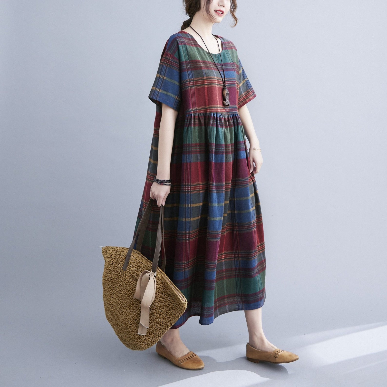 Rot karierte Halbarm Baumwolle Mischung Maxi Kaftan Kleid mit | Etsy