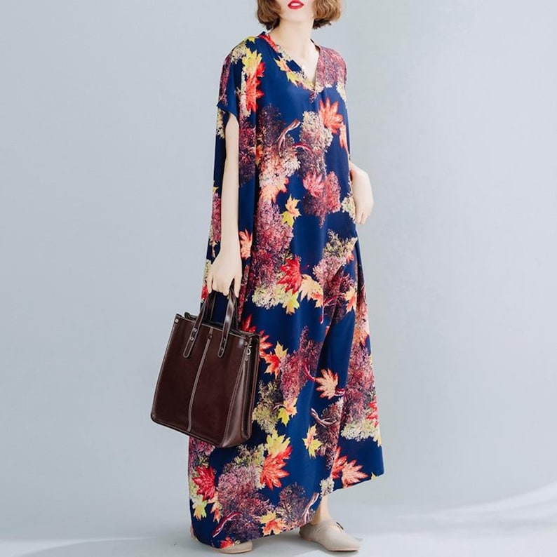 Navy Blue Leaf Print Short Sleeve Linen Blend Maxi Kaftan Dress