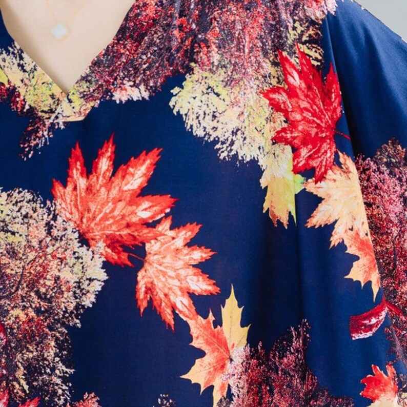 Navy Blue Leaf Print Short Sleeve Linen Blend Maxi Kaftan Dress
