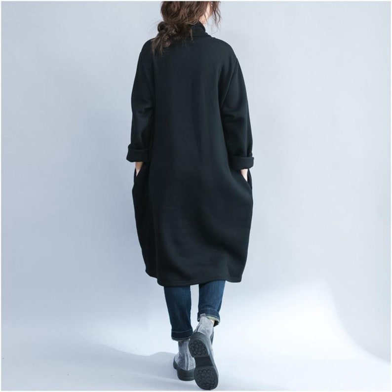 Black Green Tree Print Long Sleeve Cotton Blend Mini Turtleneck Tunic Sweatshirt Dress with Pockets