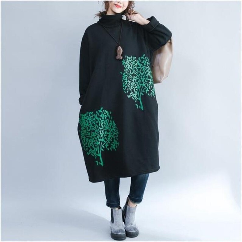 Black Green Tree Print Long Sleeve Cotton Blend Mini Turtleneck Tunic Sweatshirt Dress with Pockets