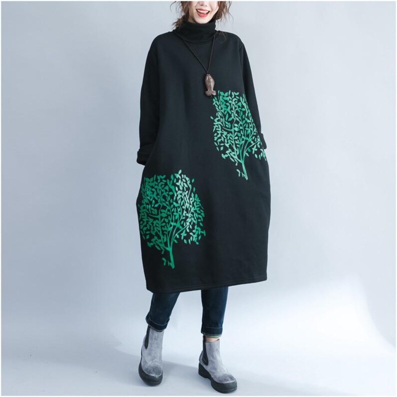 Black Green Tree Print Long Sleeve Cotton Blend Mini Turtleneck Tunic Sweatshirt Dress with Pockets