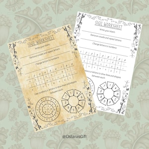 May include: Two printable sigil worksheets with instructions to remove vowels and repeat letters, change letters to numbers, and use numbers or letters to draw lines and shapes between each. The worksheets feature a vintage aesthetic with a brown background and black text.