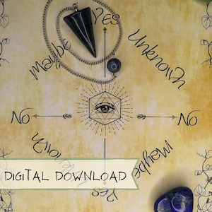 May include: A vintage-style pendulum board with a black pendulum and a blue crystal. The board has a circle in the centre with an eye design and the words "Yes", "No", "Maybe", "Unknown", and "Digital Download" around the circle.