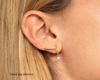 diamond huggie hoop earrings with charm,solid gold hoops,diamond drop dangle,charm hoop earrings,small,tiny hoop earrings•diamond earrings