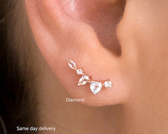 14k solid gold climber earrings diamond stud earrings gift for her diamond ear climber unique stud earrings moissanite small stud earrings