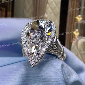 Anel de noivado grande com halo de pêra de 7 CT, anel de noivado de moissanita com gelo picado, anel em forma de pêra, aliança larga, anel de casamento com diamante art déco