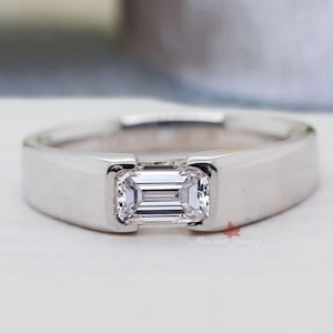 emerald cut Moissanite ring for men,unique 14k/18k white gold diamond mens ring,gift for him,gift for husband,anniversary,mens promise ring