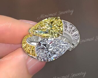 15 CT Toi et moi ring,pear shaped engagement ring,yellow pear Moissanite two stone ring,double stone unique celebrity style teardrop ring
