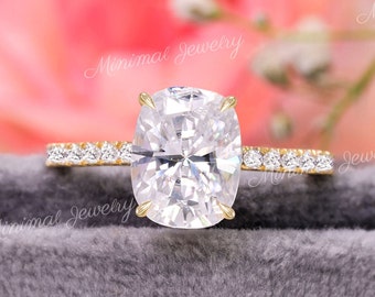 2.5CT cushion cut engagement ring,moissanite solitaire hidden halo ring,elongated cushion moissanite ring,pave shank,claw prong,wedding ring