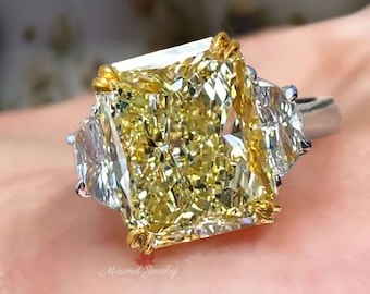 10CT Yellow Lab Grown Diamond Radiant Cut Engagement Ring IGI Certified Three Stone lab diamond Wedding Anniversary Ring two tone gold ring
