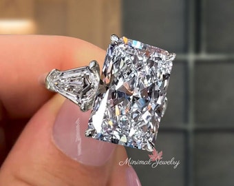 9.5 CT crushed ice moissanite radiant cut engagement ring,kite&large radiant moissanite three stone ring,big diamond cocktail wedding ring