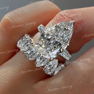 13.7 TCW Three stone Moissanite pear shaped engagement ring set,celebrity style,baguette&big large unique pear shaped ring,wedding ring set