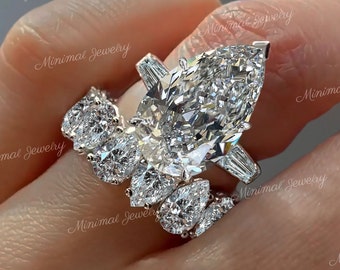 9 CT Three stone Moissanite pear shaped engagement ring set,celebrity style,baguette&big large unique pear shaped ring,wedding ring set band