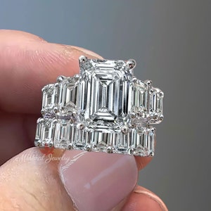 15.1TCW Emerald Cut Moissanite Engagement Ring set,hidden halo wide band,3 Stone Emerald Cut Ring,Large diamond Three stone wedding ring set