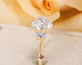 Oval Moissanite Three Stone Engagement Ring: 14k White Gold Trellis Setting