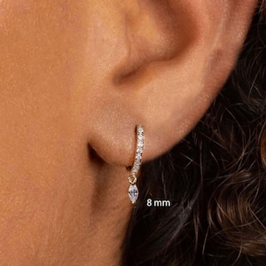 Diamond huggie hoop earrings with charm 14k solid gold huggie small hoop earrings diamond drop dangle diamond earrings charm hoop earrings