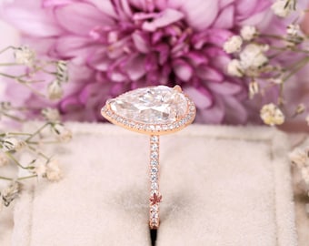 3 CT Pear Moissanite Halo Engagement Ring, 14k Rose Gold