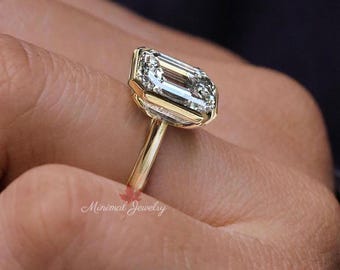 エメラルドカットリング シルバー ゴールド エメラルドカットの婚約指輪、4カラットのラボグロウンダイヤモンド