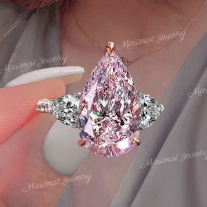 6 CT luxe roze moissaniet peervormige verlovingsring, grote roze peerring met drie stenen, unieke beroemdheidsstijl, grote cocktailtrouwring